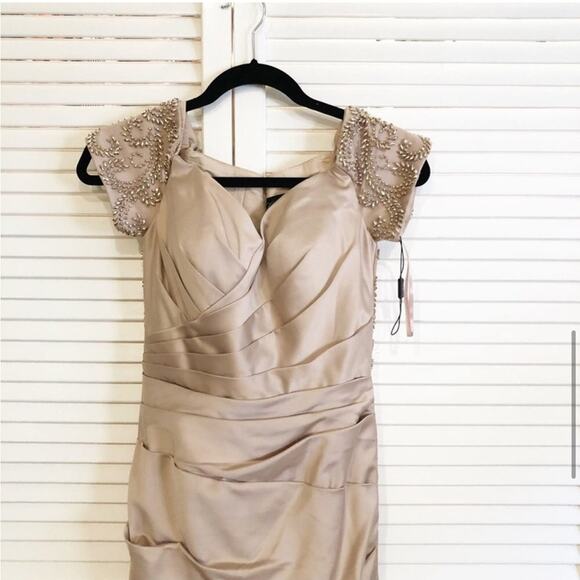 NWOT La Femme Off the Shoulder Beaded Satin Trumpet Gown in Champagne - Picture 6 of 11